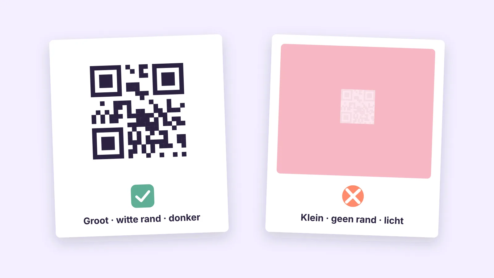 Een goede en een minder goede QR-code naast elkaar: maat, witte rand en contrast