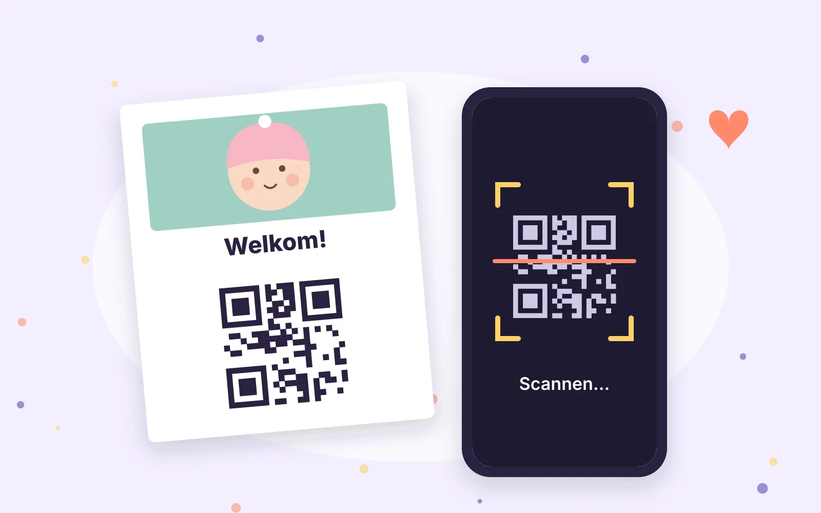 Een geboortekaartje met een grote QR-code die met een telefoon wordt gescand