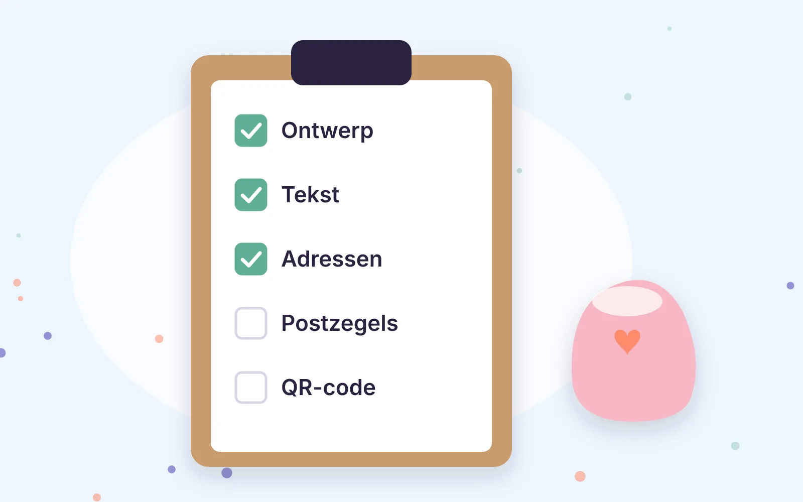 Een klembord met een checklist en een roze babyslofje