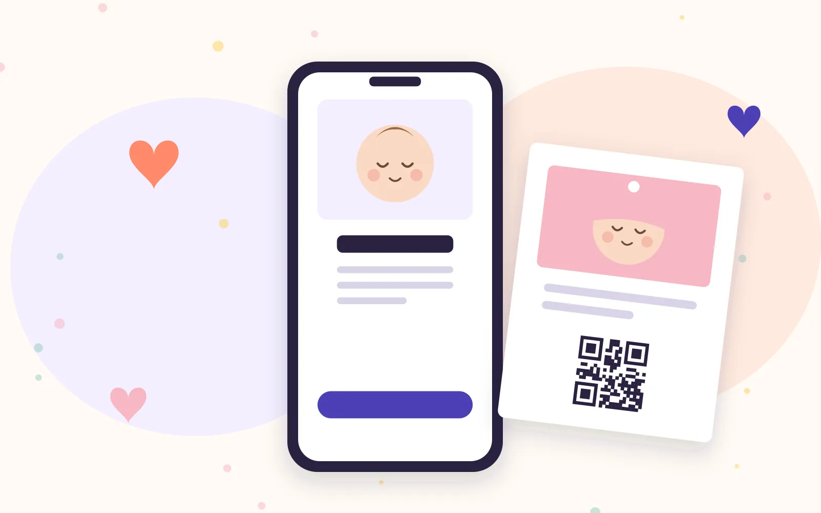 Een telefoon met een geboortepagina naast een papieren kaartje met een QR-code