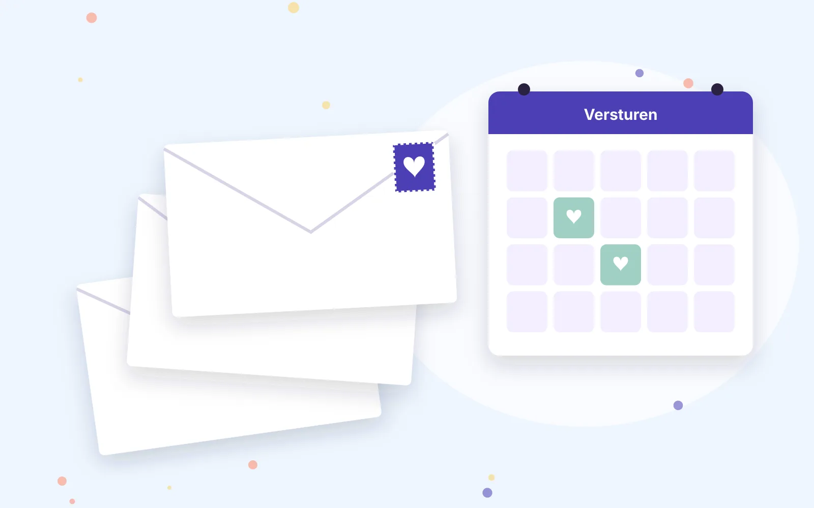 Een stapel enveloppen met postzegels naast een kalender